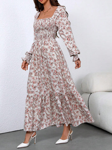 Women's Floral Print Long Lantern Sleeve Dress