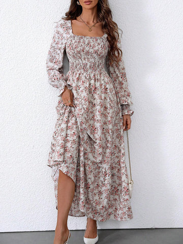 Women's Floral Print Long Lantern Sleeve Dress