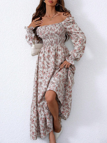 Women's Floral Print Long Lantern Sleeve Dress