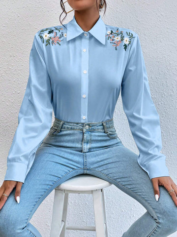 Privé Women's Floral Print Long Sleeve Single-Breasted Casual Shirt, Autumn