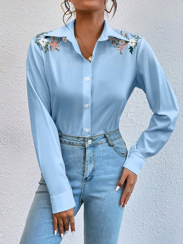 Privé Women's Floral Print Long Sleeve Single-Breasted Casual Shirt, Autumn