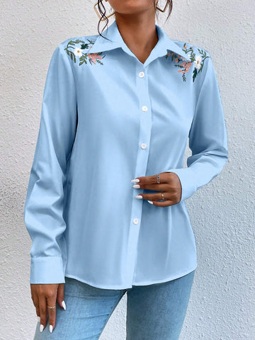 Privé Women's Floral Print Long Sleeve Single-Breasted Casual Shirt, Autumn