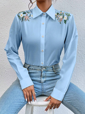 Privé Women's Floral Print Long Sleeve Single-Breasted Casual Shirt, Autumn