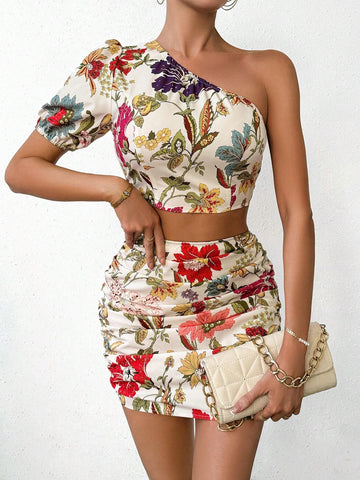 Women's Floral Print One Shoulder Short Puff Sleeve Top And Pleated Mini Skirt Set