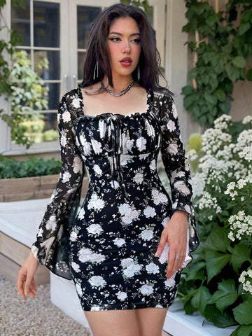 Women's Floral Print Ruffle Trim Front Tie V-Neck Long Sleeve Short Elegant Dress, Vacation