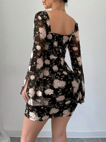 Women's Floral Print Ruffle Trim Front Tie V-Neck Long Sleeve Short Elegant Dress, Vacation