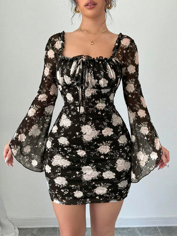 Women's Floral Print Ruffle Trim Front Tie V-Neck Long Sleeve Short Elegant Dress, Vacation