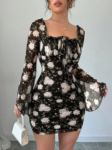 Women's Floral Print Ruffle Trim Front Tie V-Neck Long Sleeve Short Elegant Dress, Vacation