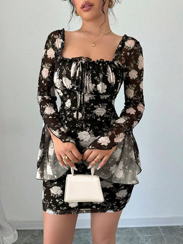 Women's Floral Print Ruffle Trim Front Tie V-Neck Long Sleeve Short Elegant Dress, Vacation