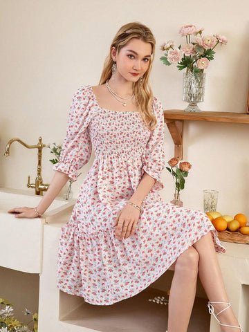 Women's Floral Print Square Neckline Wrap Dress