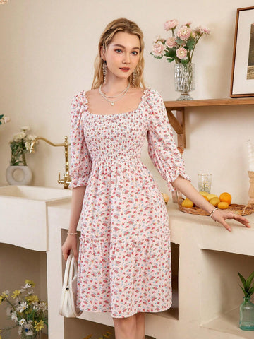 Women's Floral Print Square Neckline Wrap Dress