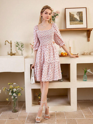 Women's Floral Print Square Neckline Wrap Dress