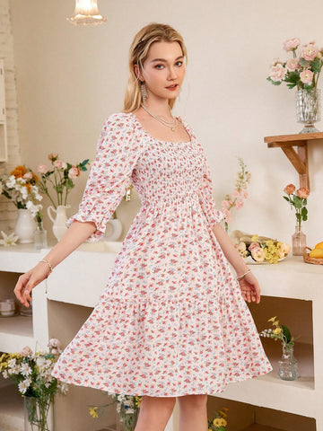 Women's Floral Print Square Neckline Wrap Dress