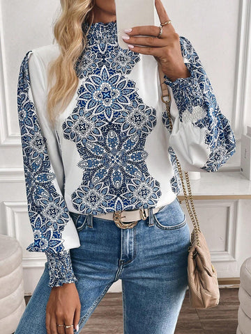 Privé Women's Floral Print Stand Collar Long Sleeve Elegant Blouse