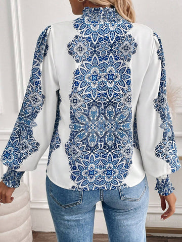 Privé Women's Floral Print Stand Collar Long Sleeve Elegant Blouse