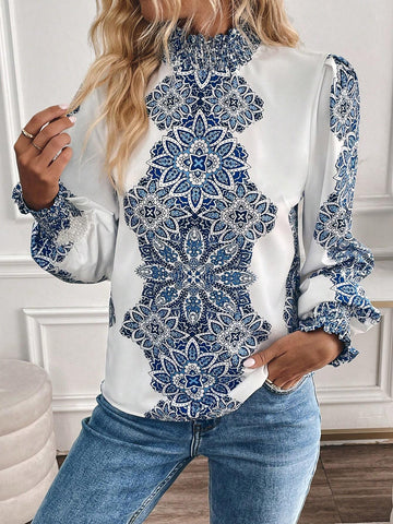 Privé Women's Floral Print Stand Collar Long Sleeve Elegant Blouse