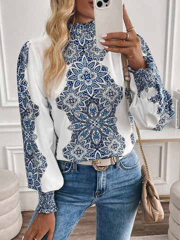 Privé Women's Floral Print Stand Collar Long Sleeve Elegant Blouse