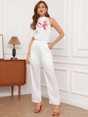 Women's Floral Print Stand Collar Shirt And Pants Set