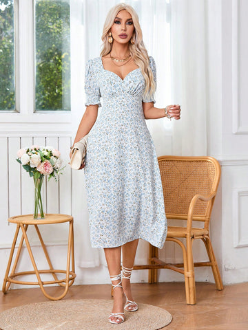 Women's Floral Print Sweetheart Neckline Short Bubble Sleeve Dress