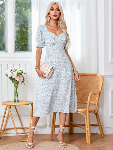 Women's Floral Print Sweetheart Neckline Short Bubble Sleeve Dress