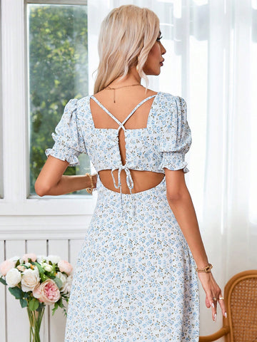 Women's Floral Print Sweetheart Neckline Short Bubble Sleeve Dress