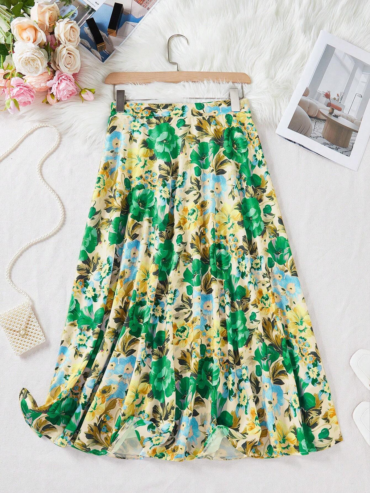 Privé Women's Floral Print Vacation Casual A-Line Skirt(Free Cut)