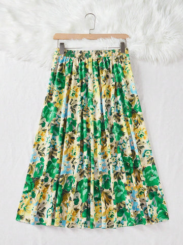 Privé Women's Floral Print Vacation Casual A-Line Skirt(Free Cut)