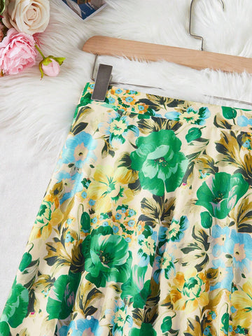 Privé Women's Floral Print Vacation Casual A-Line Skirt(Free Cut)