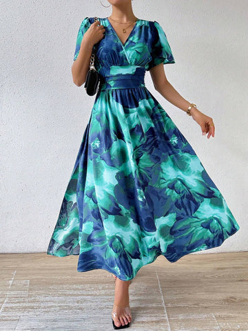 Women's Floral Printed Cinched Waist Holiday Dress