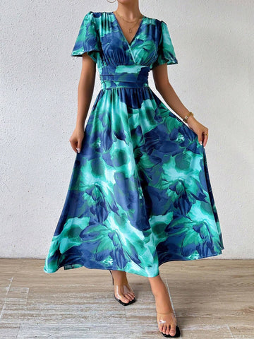 Women's Floral Printed Cinched Waist Holiday Dress