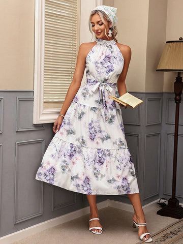 Women's Floral Printed Halter Neck Sleeveless Dress With Ruffle Hem