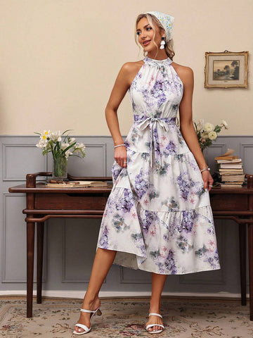 Women's Floral Printed Halter Neck Sleeveless Dress With Ruffle Hem