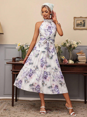 Women's Floral Printed Halter Neck Sleeveless Dress With Ruffle Hem