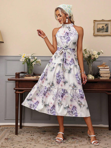 Women's Floral Printed Halter Neck Sleeveless Dress With Ruffle Hem