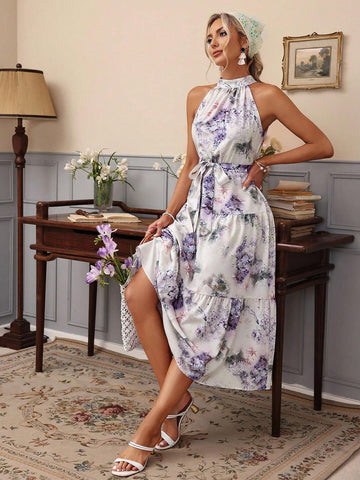 Women's Floral Printed Halter Neck Sleeveless Dress With Ruffle Hem