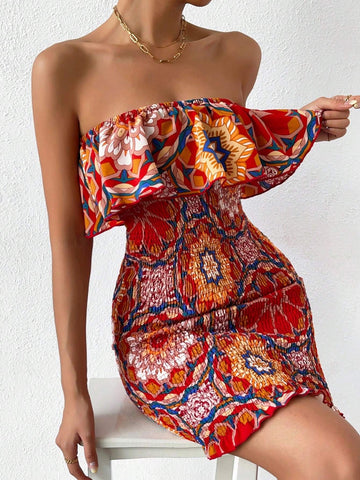 Women's Floral Printed Ruffle Hem Wrap Strapless Dress