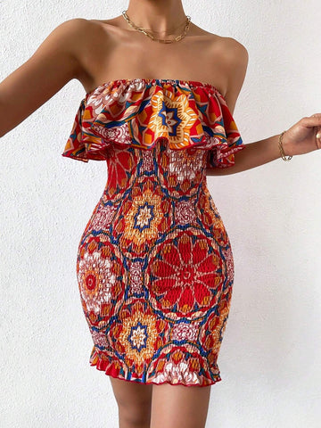 Women's Floral Printed Ruffle Hem Wrap Strapless Dress