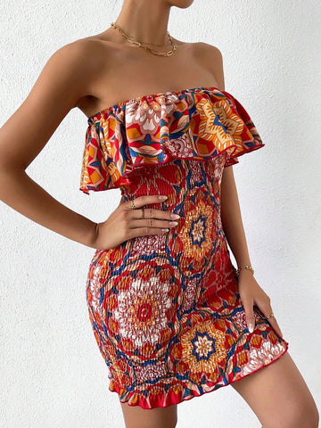 Women's Floral Printed Ruffle Hem Wrap Strapless Dress