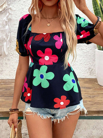 Privé Women's Floral Printed Short Sleeve Vacation Style Shirt