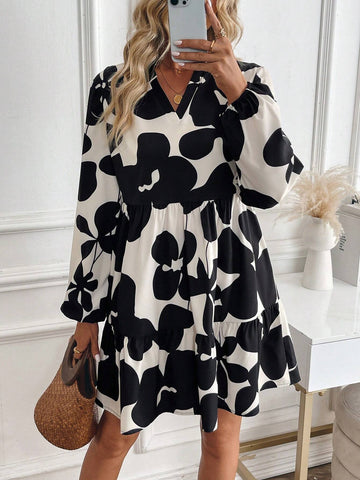 Women's Floral Printed V-Neck Lantern Sleeve Ruffle Hem Loose Dress, Spring & Summer