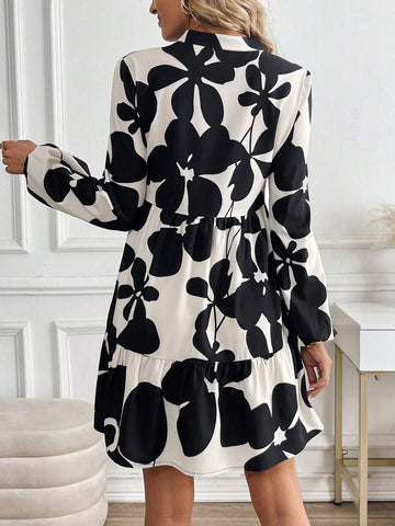 Women's Floral Printed V-Neck Lantern Sleeve Ruffle Hem Loose Dress, Spring & Summer