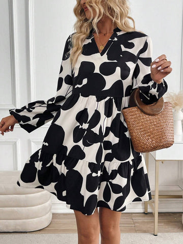 Women's Floral Printed V-Neck Lantern Sleeve Ruffle Hem Loose Dress, Spring & Summer