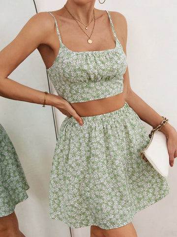 Women's Flower Pattern Printed Camisole Top And Skirt Set