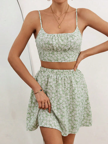 Women's Flower Pattern Printed Camisole Top And Skirt Set
