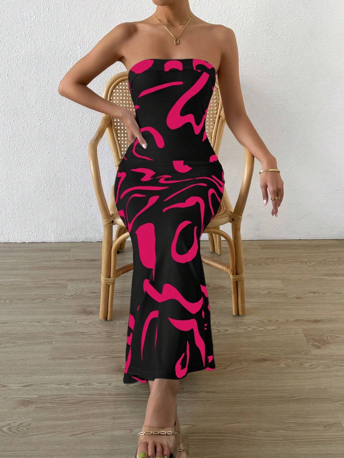 Women's Full Printed Strapless Maxi Dress