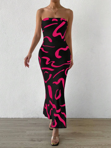 Women's Full Printed Strapless Maxi Dress