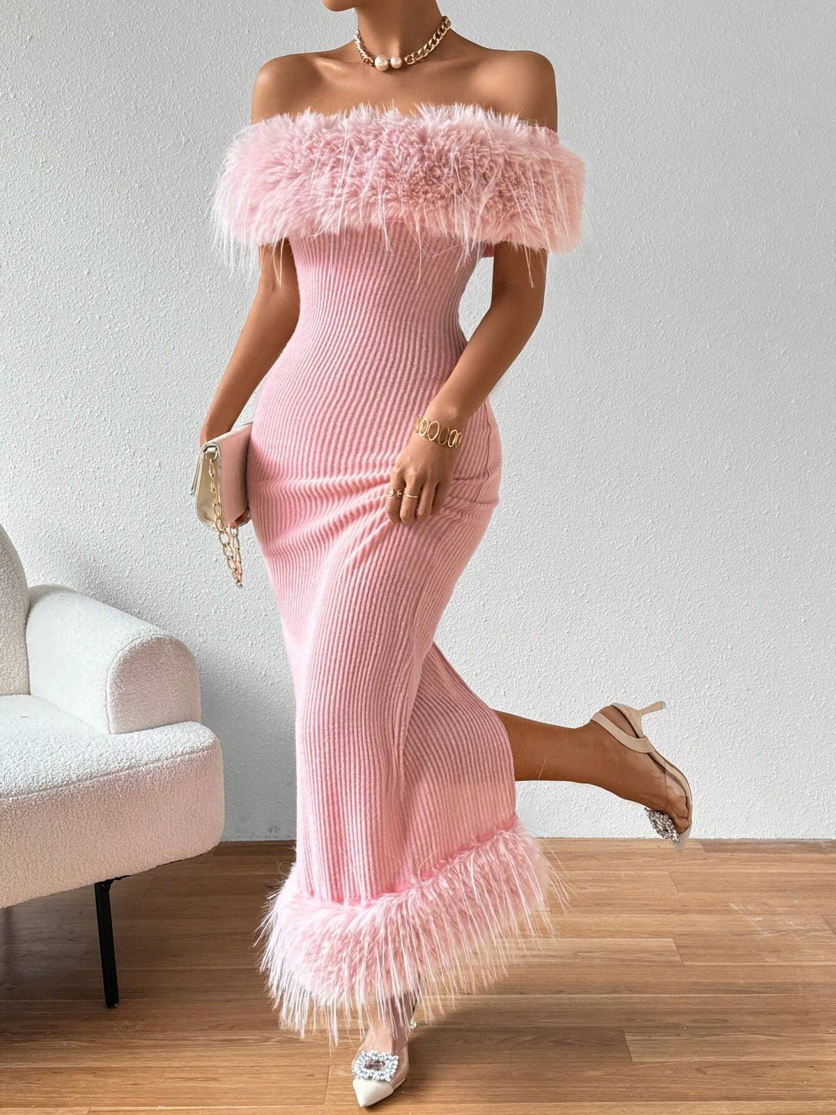 Women's Furry Splice Off Shoulder Dress