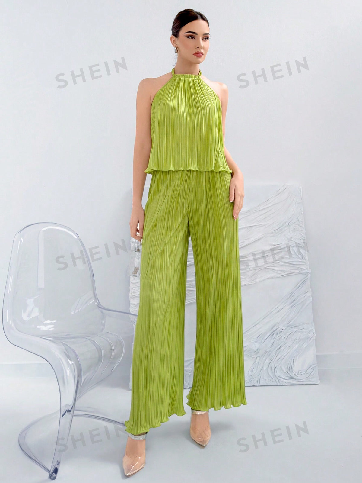 Women's Green Neckline Top & Wide Leg Pants Two Piece Set,Summer Two Piece Outfits,Commuter Elegance,Daily And Vacation,Pleated Fabric