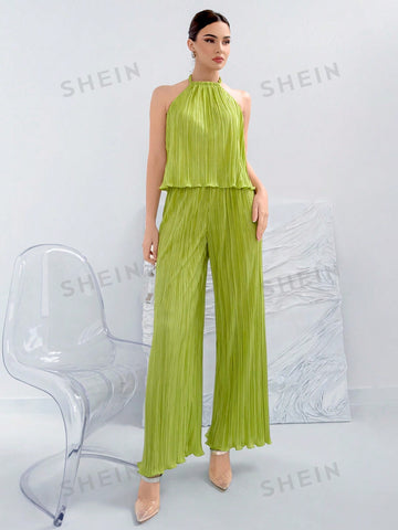 Women's Green Neckline Top & Wide Leg Pants Two Piece Set,Summer Two Piece Outfits,Commuter Elegance,Daily And Vacation,Pleated Fabric