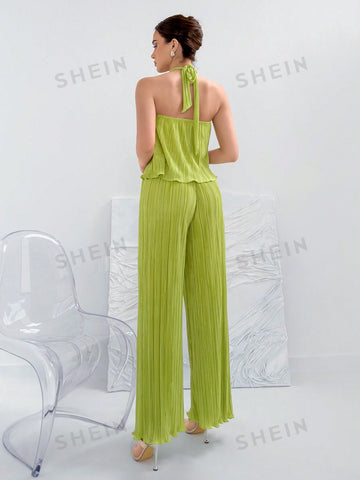 Women's Green Neckline Top & Wide Leg Pants Two Piece Set,Summer Two Piece Outfits,Commuter Elegance,Daily And Vacation,Pleated Fabric